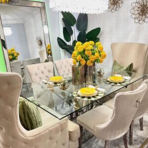 6 seater pure glass table dinning set with silver chairs